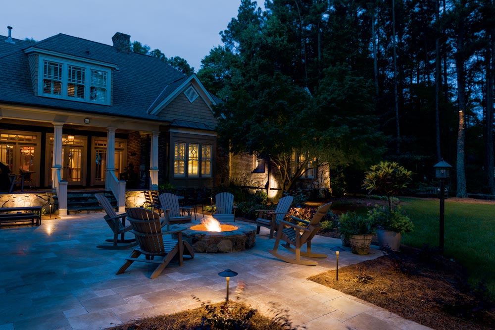 Patio of home with pathway lighting